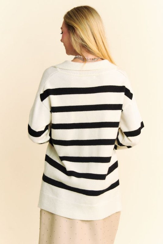 Davi & Dani High-Low Side Slit Striped Johnny Collar Sweater-True and Wild