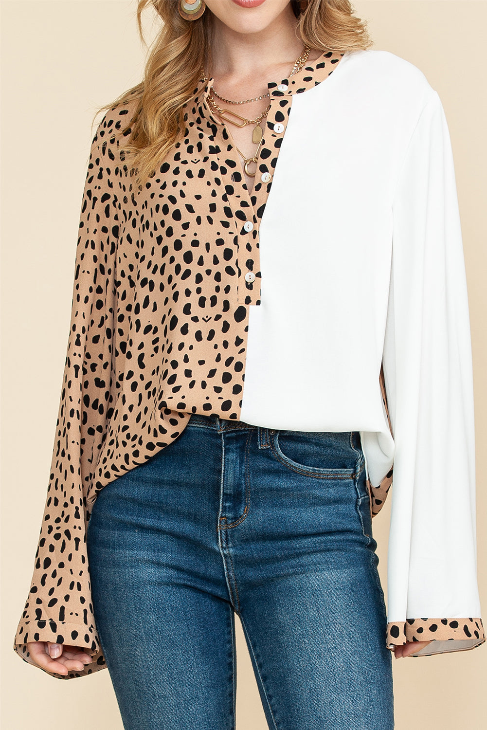 Khaki Leopard and White Patchwork Henley Blouse-True and Wild