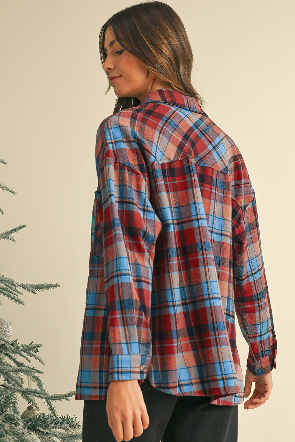 Red Plaid Print Drop Sleeve Loose Shirt-True and Wild