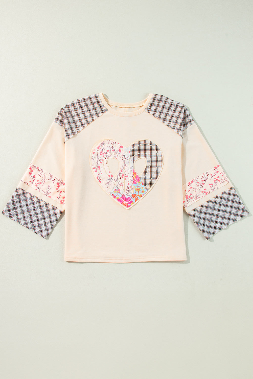 Aqua Plaid Floral Patchwork Heart Long Sleeve Top-True and Wild