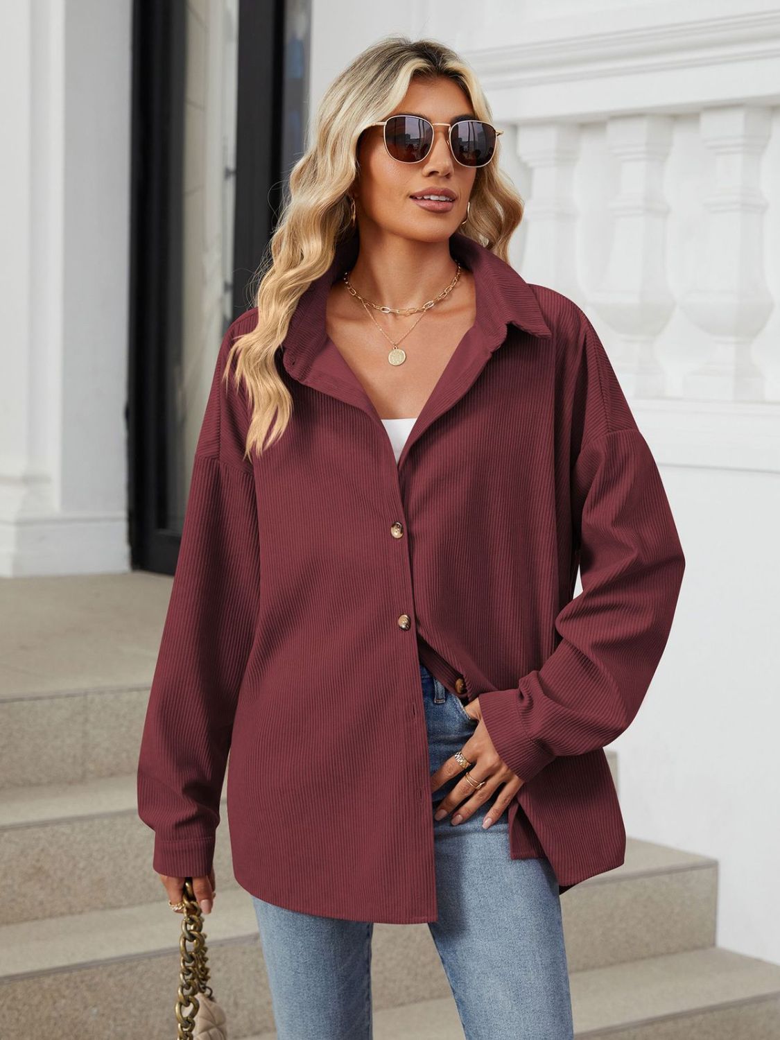 Collared Neck Long Sleeve Dropped Shoulder Shirt-True and Wild