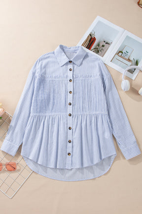 High-Low Striped Collared Neck Long Sleeve Shirt-True and Wild