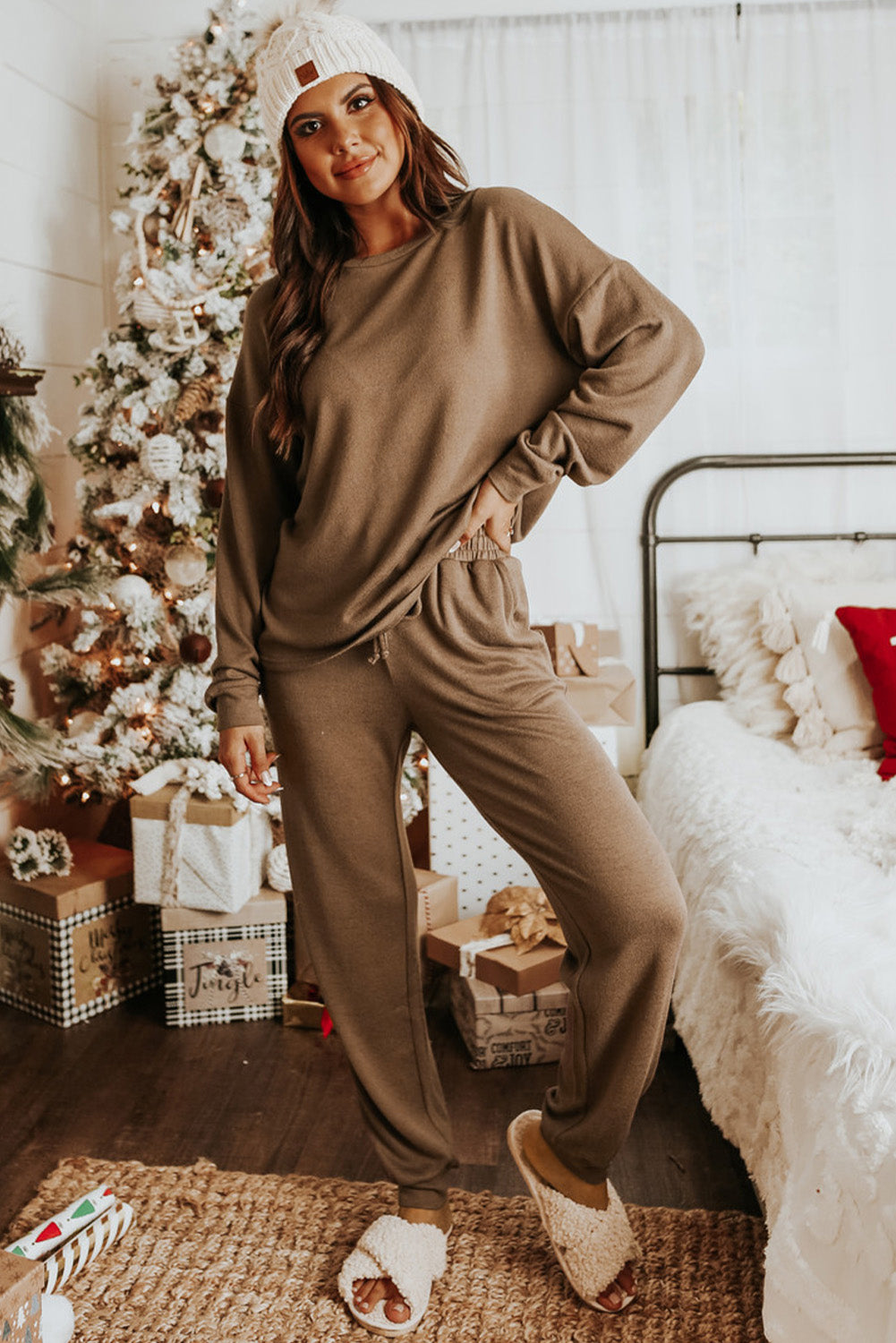 Red Casual Long Sleeve Pullover & Joggers Pajamas Set-True and Wild