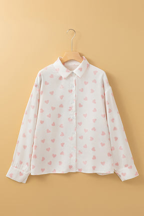 Heart Print Collared Neck Long Sleeve Shirt-True and Wild