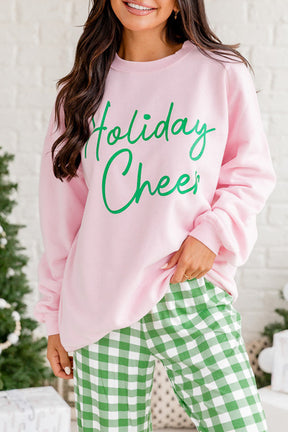 Pink Holiday Cheer Letter Graphic Christmas Slogan Sweatshirt-True and Wild