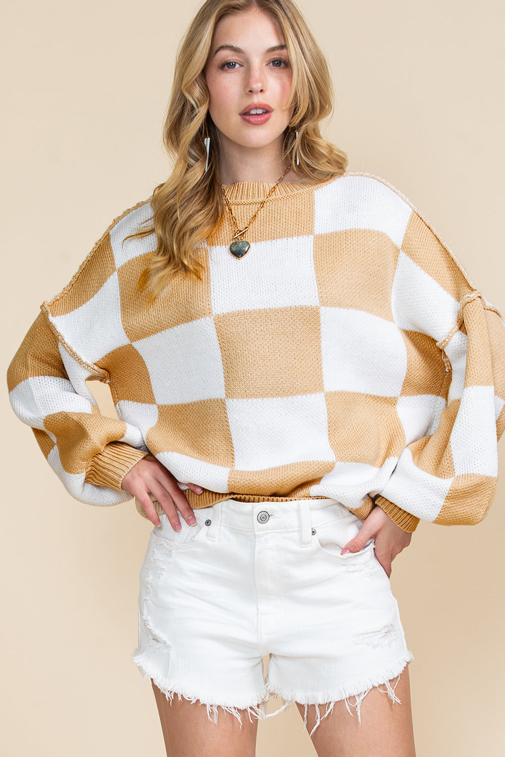 Orange & White Plaid Exposed Seam Bishop Sleeve Sweater-True and Wild