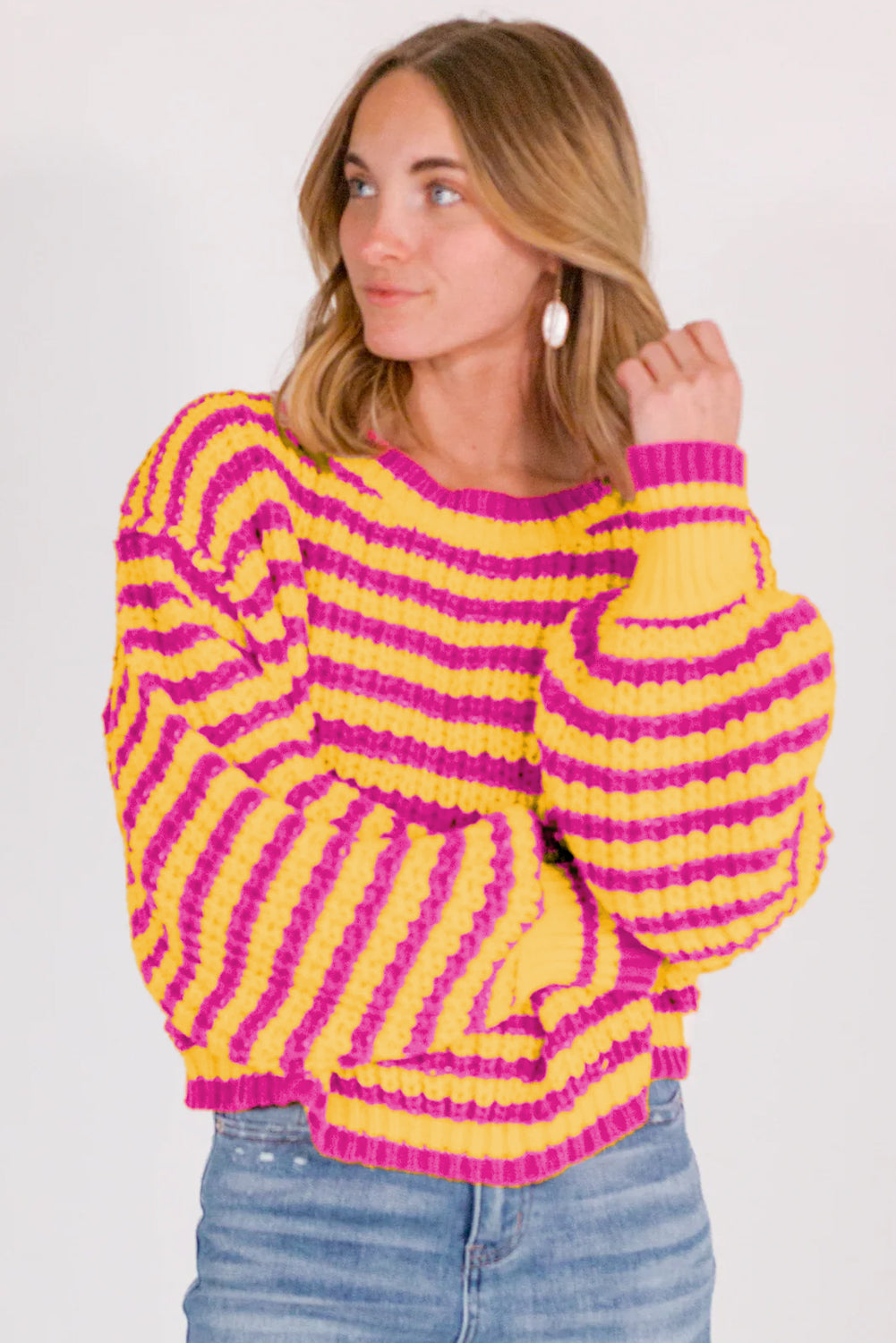 Orange Striped Bubble Sleeve Loose Sweater-True and Wild