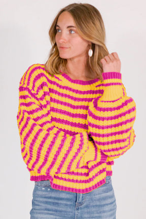 Orange Striped Bubble Sleeve Loose Sweater-True and Wild