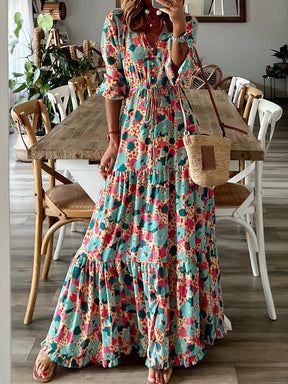 MeiMei Button Up Ruffle Hem Tiered Maxi Dress-True and Wild