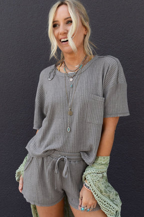 Gray Solid Color Waffle Knit T Shirt and Shorts Set