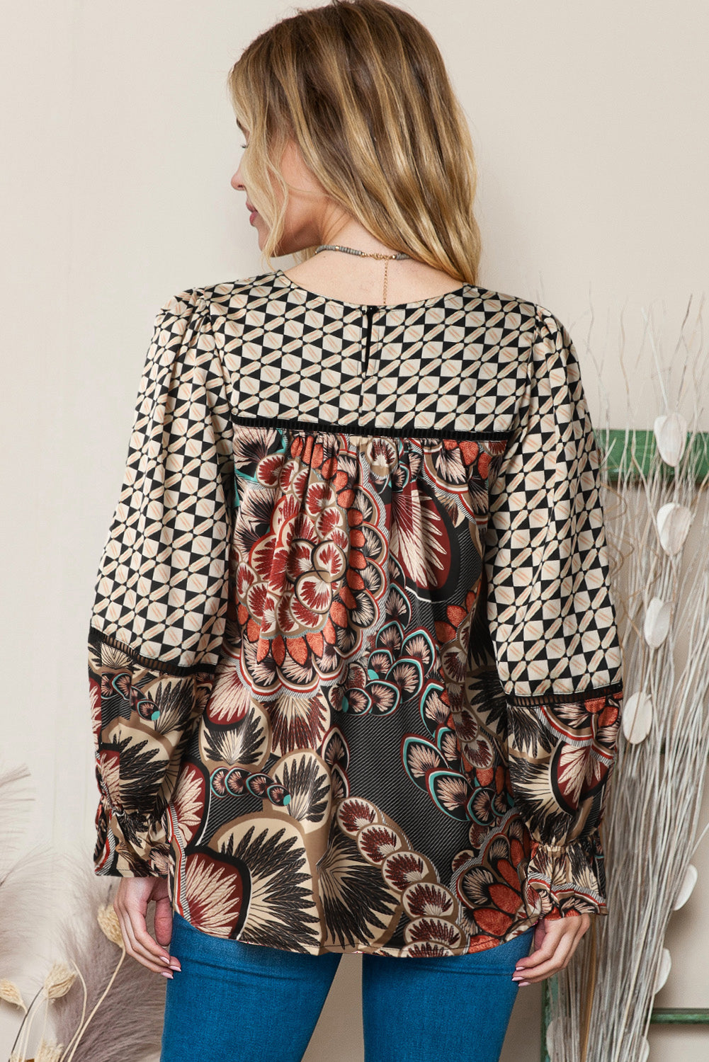 Bohemian Patterned Pullover Long Sleeve Blouse-True and Wild