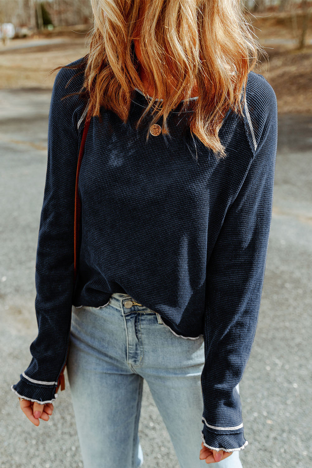 Black Textured Crewneck Long Sleeve Top-True and Wild