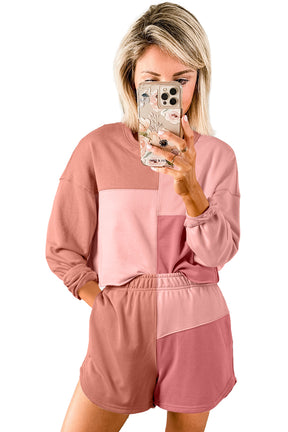 Peach Blossom Colorblock Long Sleeve Top & Pocketed Shorts Set-True and Wild