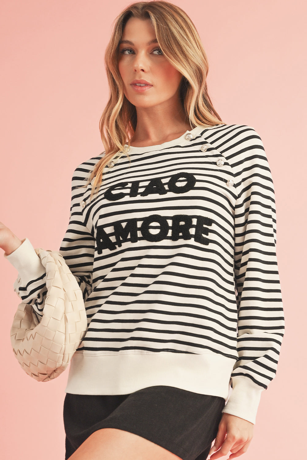 Black Stripe CIAO AMORE Graphic Buttoned Sweatshirt-True and Wild