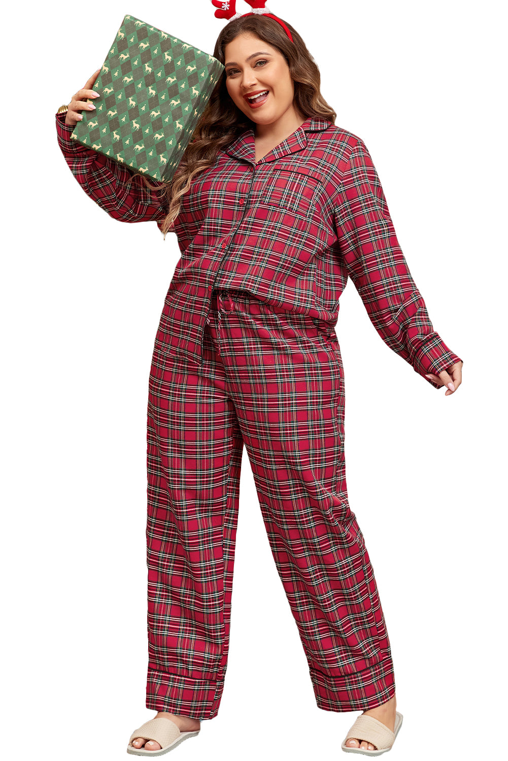 Red Plaid Print Shirt and Drawstring Pants Plus Size Pajama Set-True and Wild