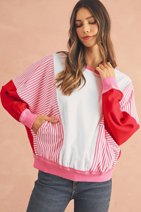 Rose Red Striped Patchwork Side Pocket Loose Sweatshirt-True and Wild