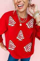 Red Playful Christmas Tree Patched Dropped Shoulder Sweatshirt-True and Wild