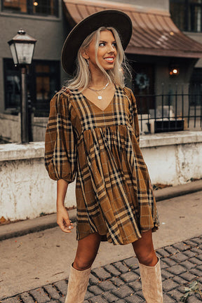 Brown Plaid Pattern Empire Waist Babydoll Dress-True and Wild