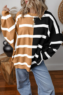 Light Beige Striped Colorblock Drop Shoulder Sweater-True and Wild