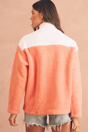 Orange Colorblock Zipper Stand Neck Sherpa Sweatshirt-True and Wild