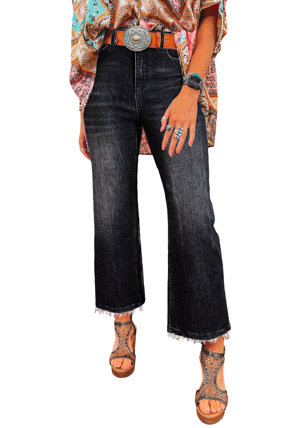 Carbon Grey Mineral Wash Raw Hem High Waist Flared Jeans-True and Wild