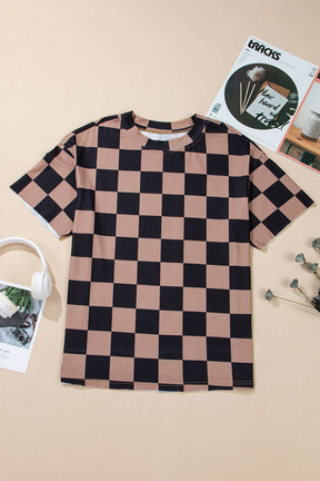 T Shirts - Light Beige Two Tone Checkered Crew Neck Loose T Shirt