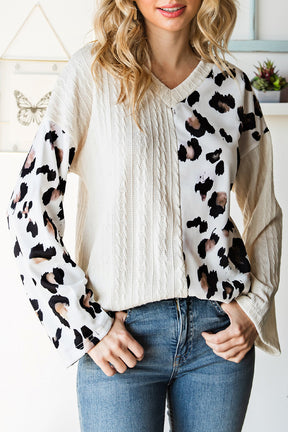 Beige V Neck Leopard Colorblock Patchwork Long Sleeve Top-True and Wild