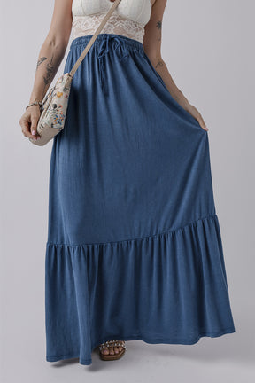 Sail Blue Solid Color Lace Up High Waist Tiered Maxi Skirt