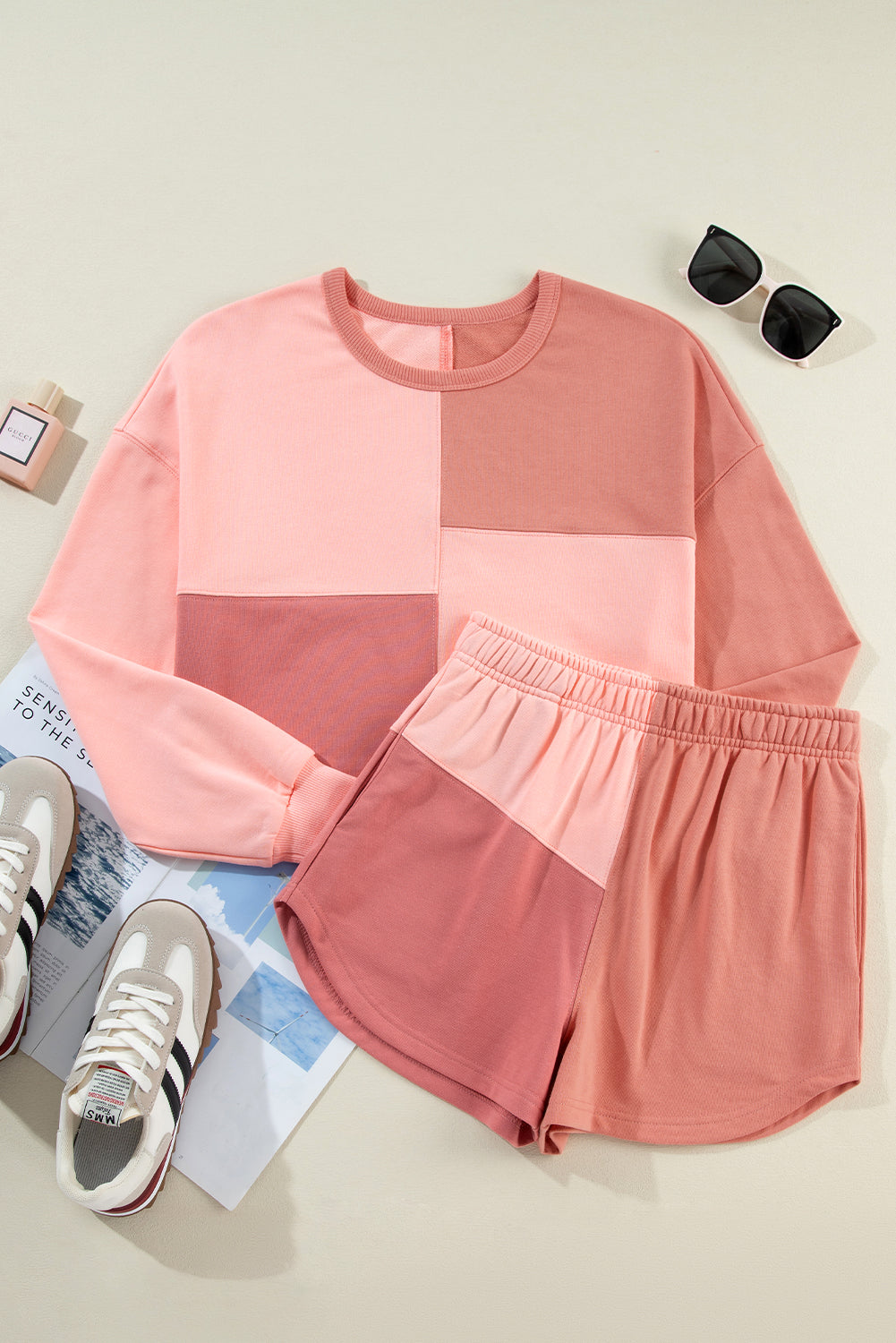 Peach Blossom Colorblock Long Sleeve Top & Pocketed Shorts Set-True and Wild