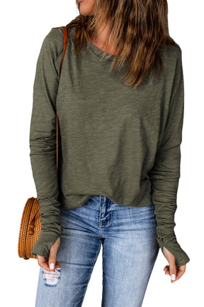 Green Plain Solid Casual Thumbhole Long Sleeve Top-True and Wild