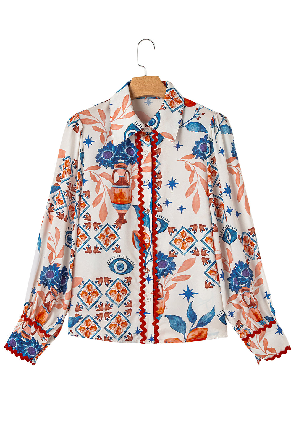 Multicolour Ethnic Floral Print Ricrac Button Down Shirt-True and Wild