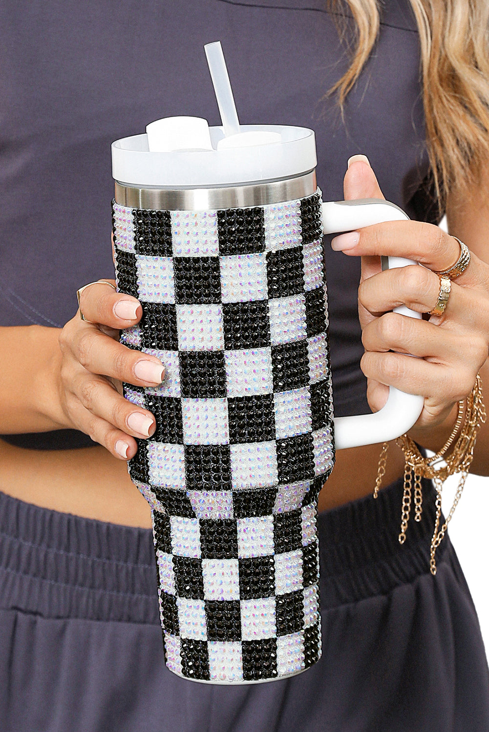 Black 40oz Rhinestone Checkered Handled Tumbler-True and Wild