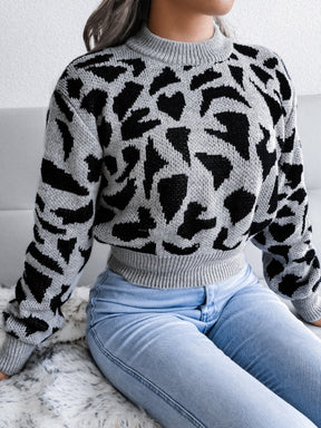 Leopard Round Neck Dropped Shoulder Sweater-True and Wild