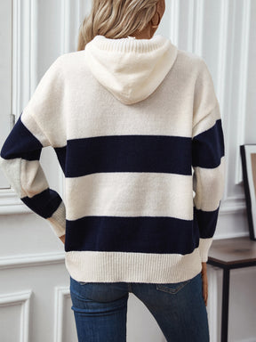 Drawstring Contrast Stripe Dropped Shoulder Hooded Sweater-True and Wild