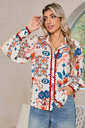 Multicolour Ethnic Floral Print Ricrac Button Down Shirt-True and Wild