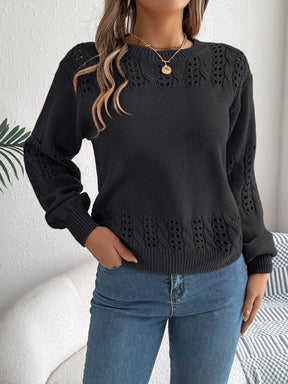 Openwork Round Neck Long Sleeve Sweater-True and Wild