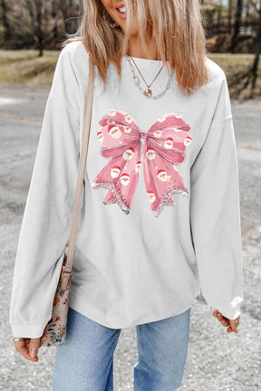 White Santa Claus Bow Knot Print Ribbed Crewneck Sweatshirt