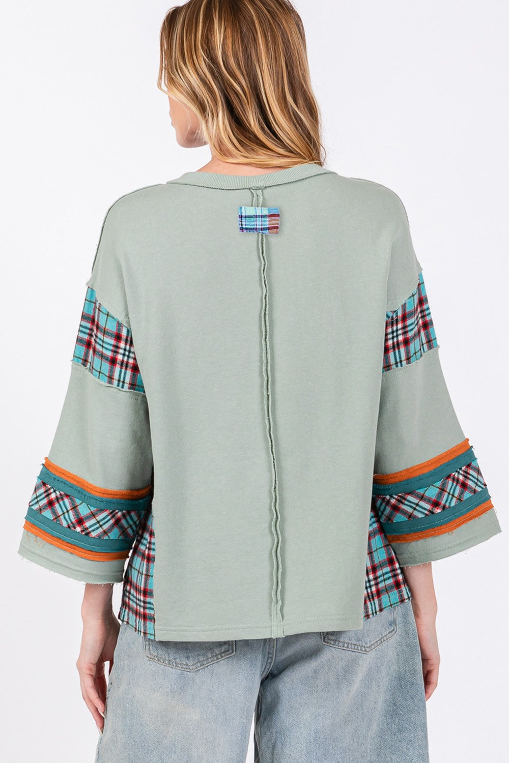 SAGE + FIG Peace Applique Patch Contrast Plaid Top