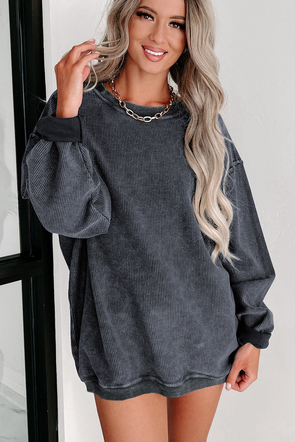 Pink Solid Ribbed Round Neck Pullover Sweatshirt-True and Wild