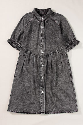 Blue Mineral Washed Ruffled Short Sleeve Pocketed Denim Dress-True and Wild