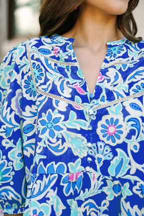 Blue Boho Floral Print V Neck Peplum Blouse-True and Wild