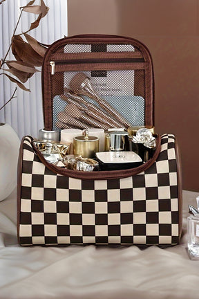 Black Checker Print Leather Zipper Makeup Bag-True and Wild