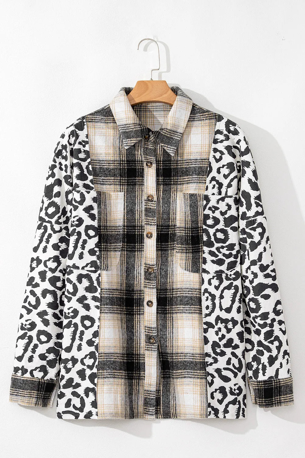 Plus Size Leopard Plaid Button Up Long Sleeve Shacket-True and Wild