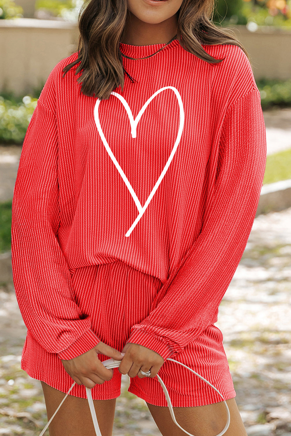 Graphic Apparel - Gold Flame Heart Shape Graphic Corded Pullover And Shorts Set