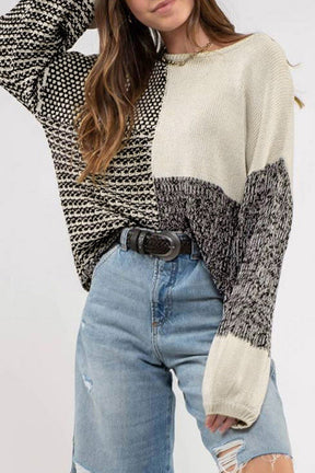 Pink Colorblock Tie Back Drop Shoulder Knit Sweater-True and Wild