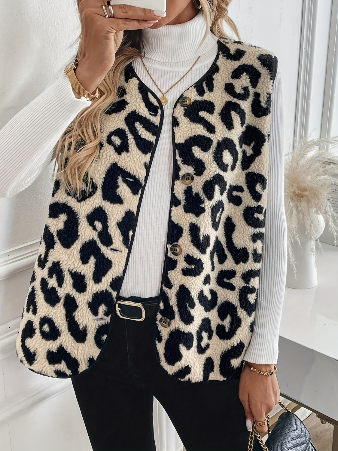 Leopard Button Up Sherpa Vest-True and Wild