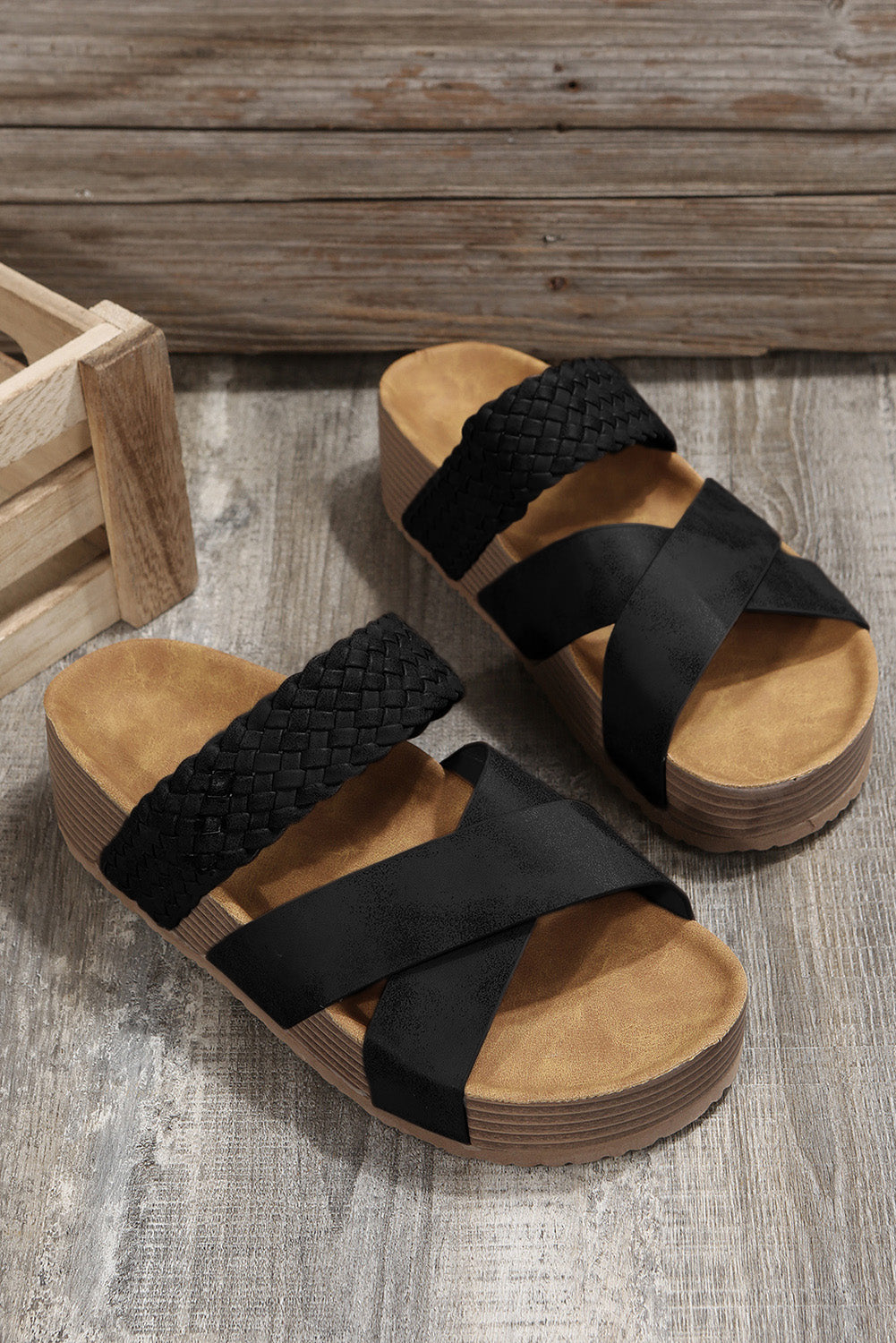 Black Braided Detail Criss Cross Platform Slides Shoes-True and Wild