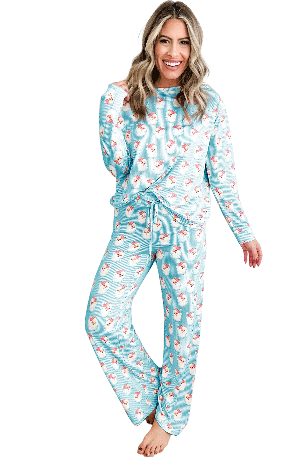 Loungewear Set - Sky Blue Santa Claus Striped Print Loose Fit Two Piece Loungewear Set