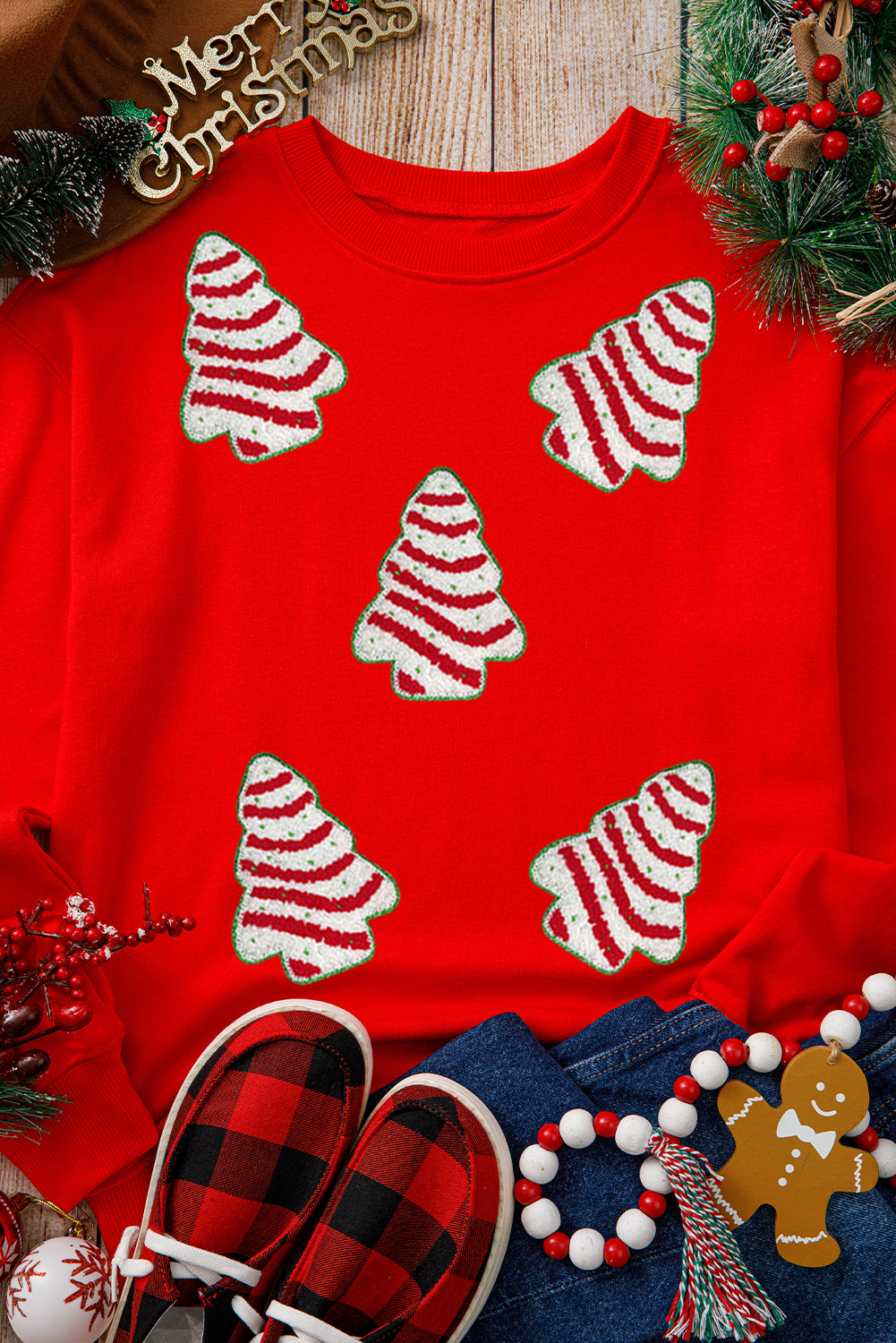 Red Playful Christmas Tree Patched Dropped Shoulder Sweatshirt-True and Wild