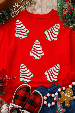 Red Playful Christmas Tree Patched Dropped Shoulder Sweatshirt-True and Wild